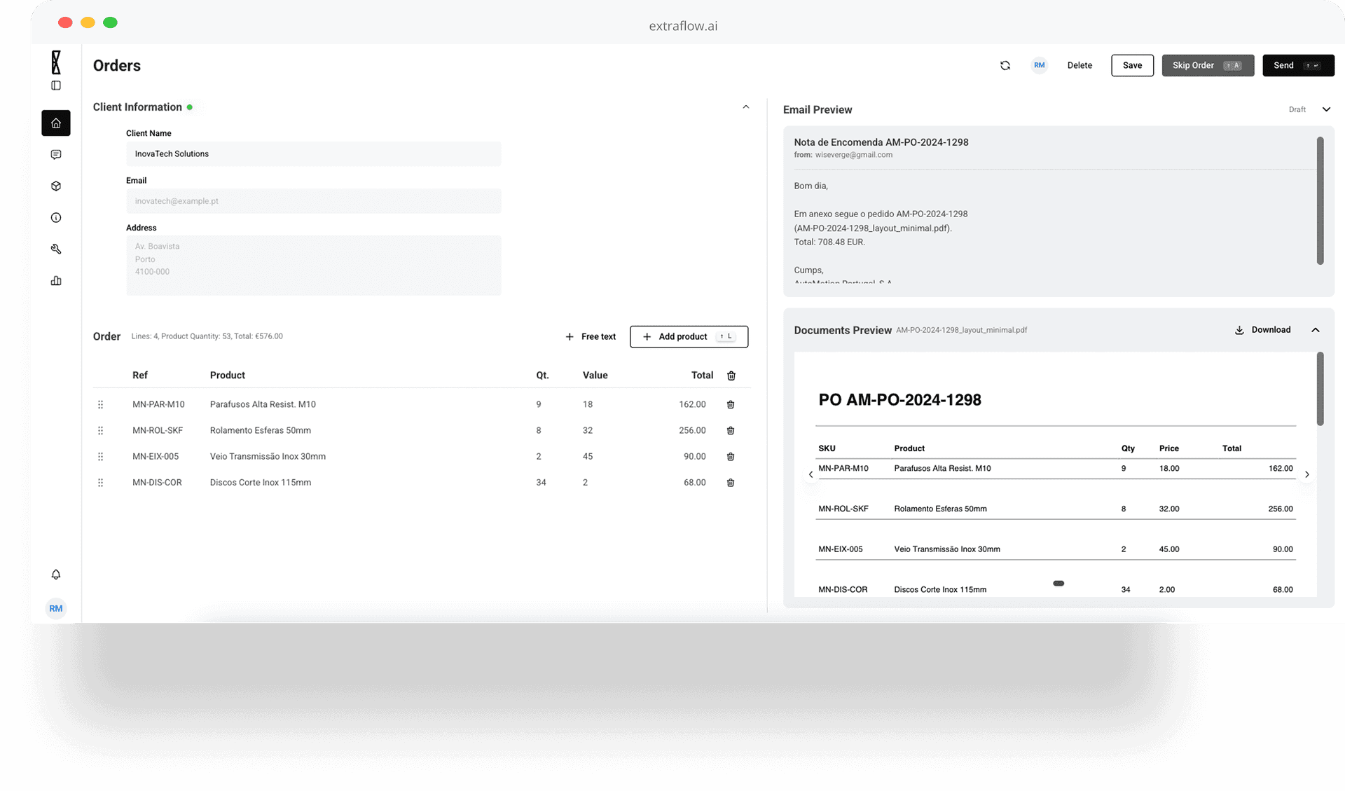 ExtraFlow order management dashboard showing automated order processing and email notifications